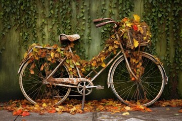 Fototapeta na wymiar vintage bicycle covered in ivy and autumn leaves, created with generative ai