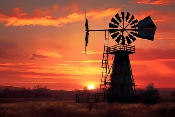 rusty windmill silhouette against sunset, created with generative ai
