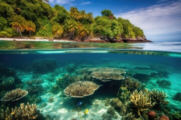 tropical island surrounded by crystal-clear waters, filled with colorful fish and coral, created with generative ai