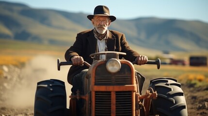 Obraz premium The old man was very well dressed. Driving a tractor on the road alone