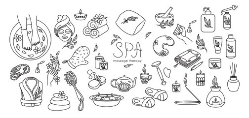 Spa massage therapy outline icons set. Vector.