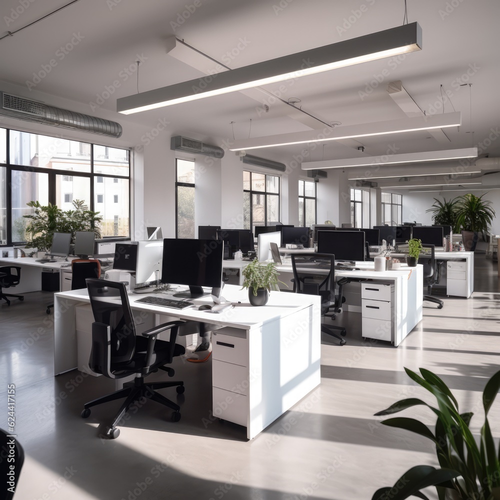 Wall mural modern bright office space with large windows, created using generative ai technology