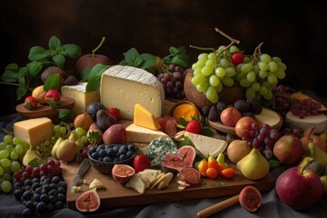 Fototapeta na wymiar an artfully arranged platter of cheeses, fruits and vegetables for a sophisticated cheese board, created with generative ai