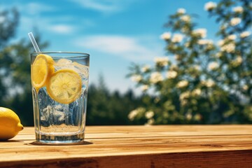 Glass of cold lemonade with lemon slice on wooden surface, created using generative ai technology