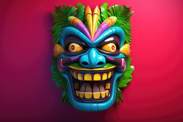 Colourful tiki mask with leaves on red background, created using generative ai technology