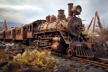 Fototapeta na wymiar vintage steam locomotive with rusted metal and decay, created with generative ai