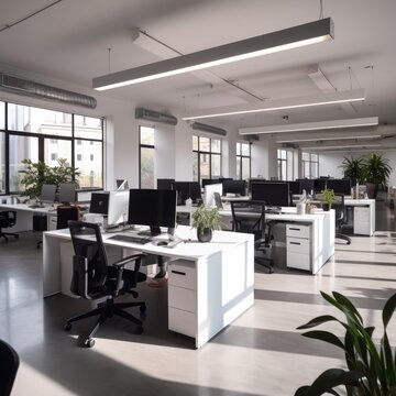Modern bright office space with large windows, created using generative ai technology