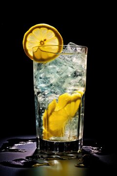 Glass of cold lemonade with lemon slice on black background, created using generative ai technology