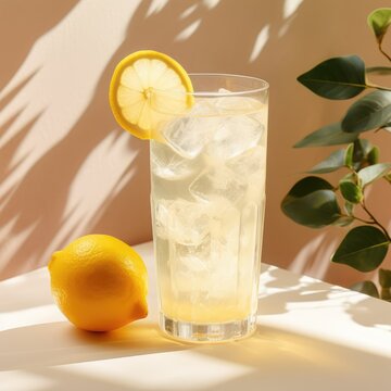 Glass of cold lemonade with lemon slice on white surface, created using generative ai technology