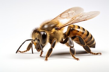 Close up of bee standing on white background, created using generative ai technology