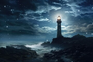 Lighthouse and stormy seas at night, created using generative ai technology