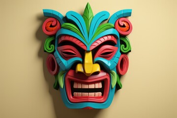 Colourful tiki mask on beige background, created using generative ai technology