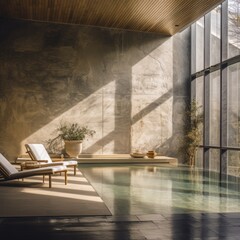 Sunlight on chairs and relaxation pool at modern health spa, created using generative ai technology