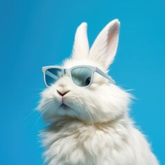 Fototapeta na wymiar Rabbit wearing sunglasses on blue background, created using generative ai technology