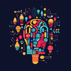 Creative mind, brainstorm. Abstract human head silhouette and hand holding bulb lamp surrounded geometric shapes. Team connecting puzzle symbolized creative idea on blueprint. Vector illustration