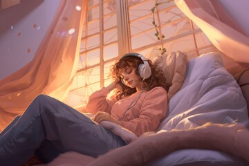 Lofi anime girl wearing headphones in bed, created using generative ai technology