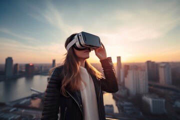 Woman wear augmented reality glasses. Future technology concept.