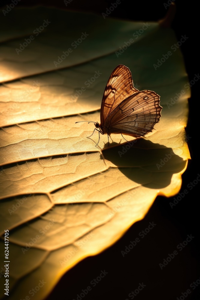 Sticker a butterfly casting a shadow on a sunlit leaf, created with generative ai