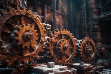 close-up of rusty gears and cogs in abandoned factory, created with generative ai
