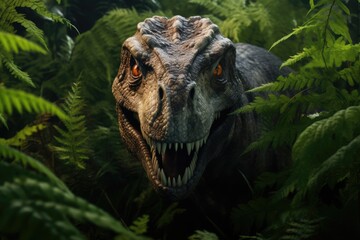 Headshot of dinosaur with plants in forest, created using generative ai technology