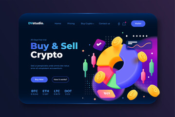 Landing page template of Digital Solution. Crypto trade with coins and cash concept background. Modern 3D design concept of web page design for website and mobile website. Vector