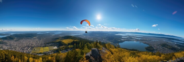 Paraglider drifting over countryside landscape with blue sky, created using generative ai technology