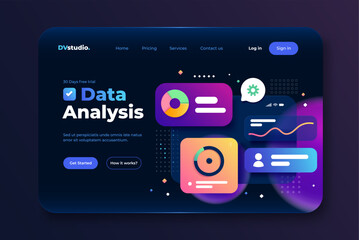 Landing page template of Data Analysis tool. Online marketing, financial report chart, data analysis concept. Modern 3D design concept of web page design for website and mobile website. Vector - 624417780