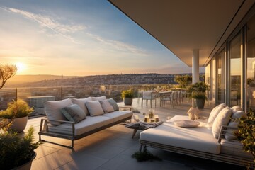 Luxury penthouse terrace with outdoor furniture at sunset, created using generative ai technology - obrazy, fototapety, plakaty