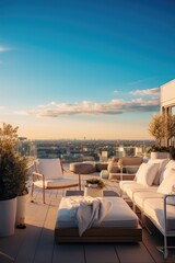 Fototapeta premium Luxury penthouse terrace with outdoor furniture, created using generative ai technology