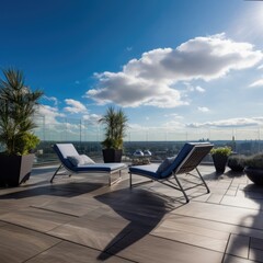 Fototapeta na wymiar Luxury penthouse terrace with deckchair and view, created using generative ai technology