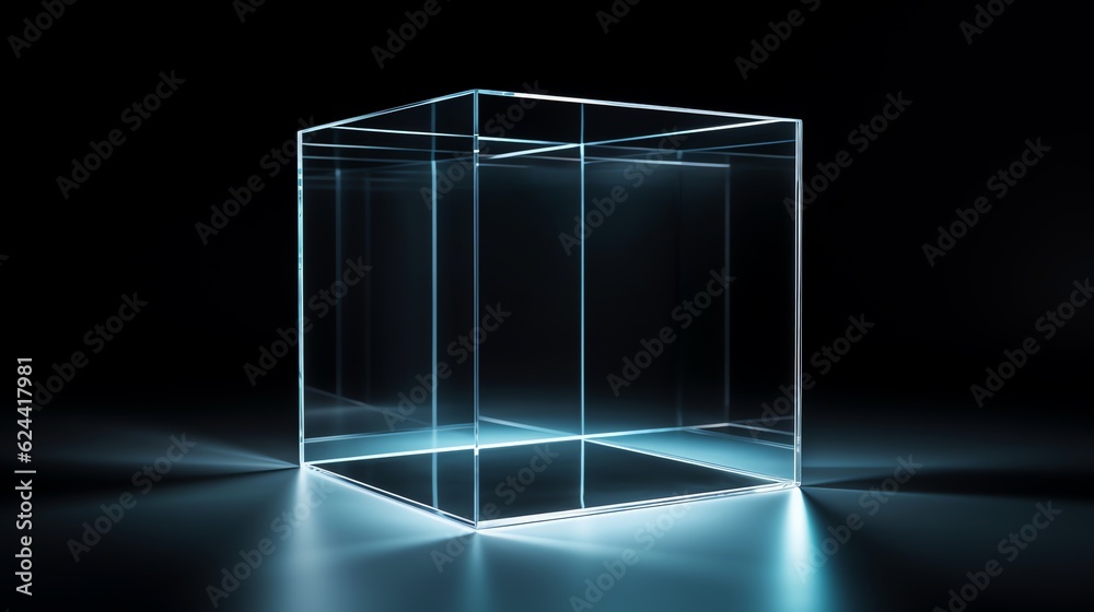 Fototapete cube glass transparent with dark background, copy space for text and illustration for product presen