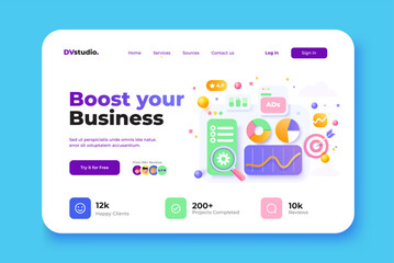 Landing page template of Digital Marketing Agency. Social Media Marketing, Promotion and Internet advertising concept. Modern 3D design concept of web page design for website. Vector
