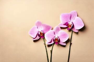 Top view of pink orchids flowers on pastel beige background with copy space