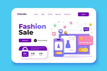 Landing page template of Online shopping. Trendy 3d illustrations of Online store. Modern 3D design concept of web page design for website and mobile website. Easy to edit and customize. Vector