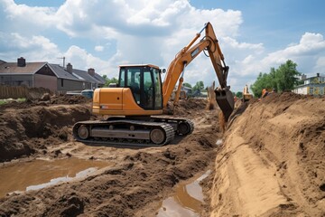 construction site with backhoe digging ditch to lay pipeline, created with generative ai