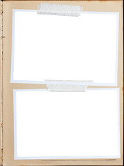 A vintage book page with two blank photo frames attached with adhesive tape. - 624417961