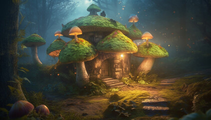 Housing illustration filled with cute mushrooms and shrouded in fog - Generative AI