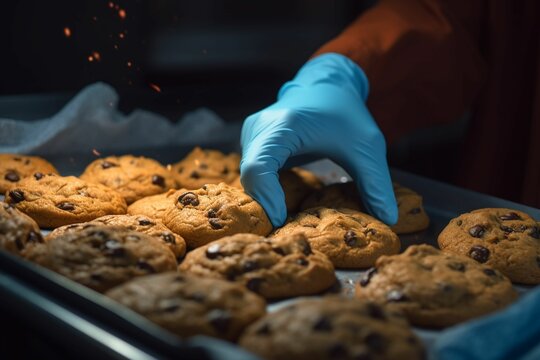making chocolate chip cookies with gloves