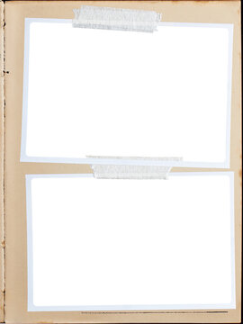 A vintage book page with two blank photo frames attached with adhesive tape.