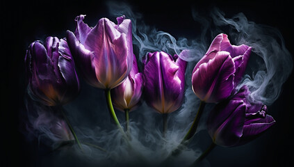 Branches of purple tulips on a dark background with delicate incense smoke - Generated AI