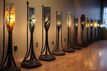 unique wrought iron lamp bases in a row, created with generative ai