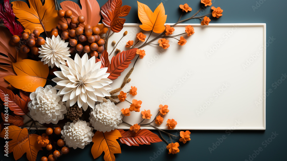 Wall mural colourful and bright autumn flowers surrounding a white background with copy space for text. created