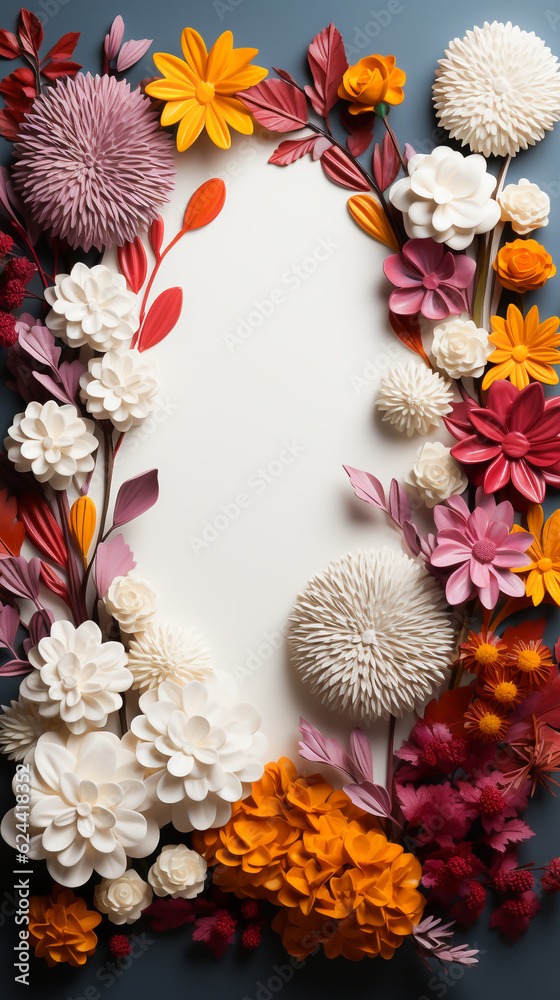 Wall mural colourful and bright autumn flowers surrounding a white background with copy space for text. created