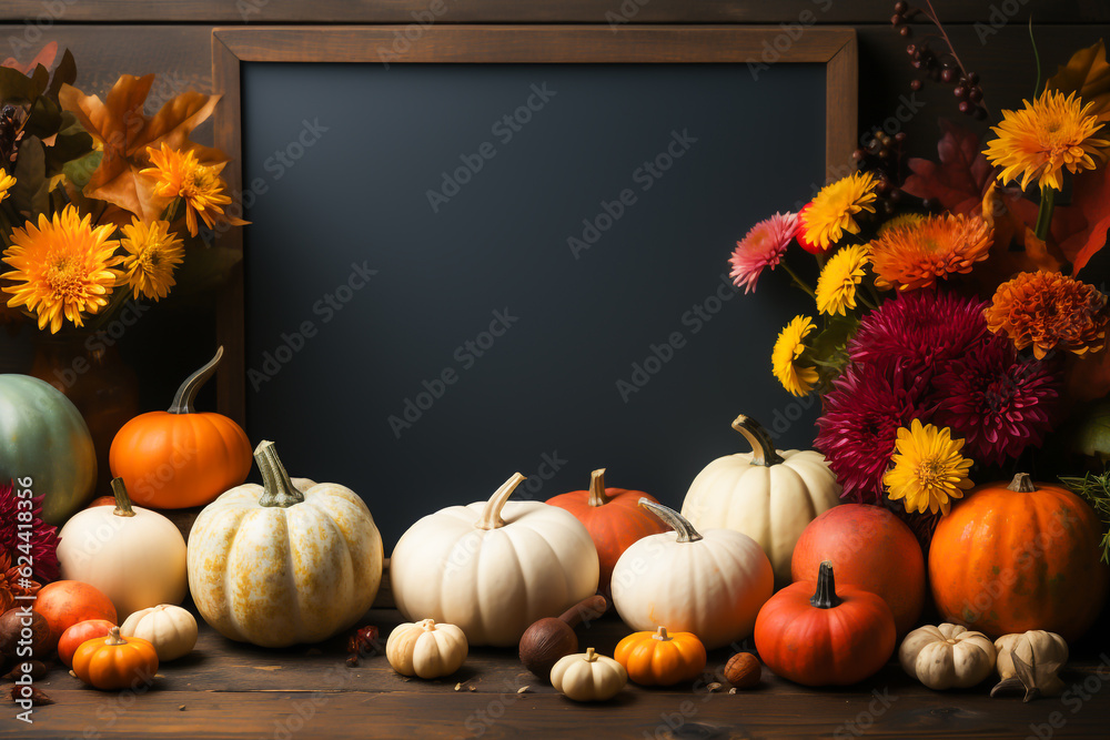 Wall mural colourful autumn flowers surrounding a dark frame. copy space for text. created with generative ai.