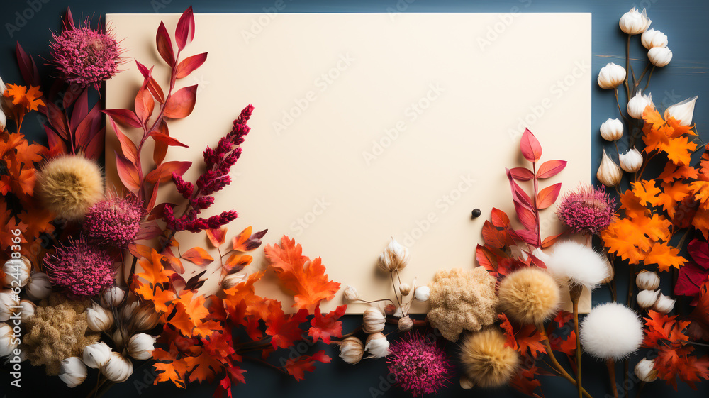Wall mural colourful and bright autumn flowers surrounding a white background with copy space for text. created