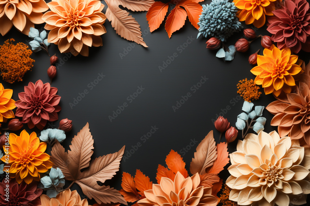 Wall mural colourful autumn flowers surrounding a dark frame. copy space for text. created with generative ai.