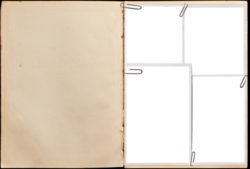 A vintage book page with blank photo frames attached with paper clips.