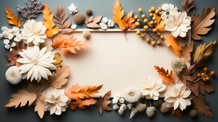 Colourful and bright autumn flowers surrounding a white background with copy space for text. Created with Generative AI.