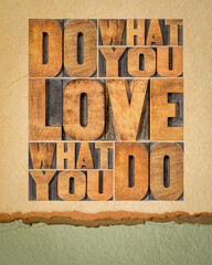 do what you love, love what you do - motivational word abstract in vintage letterpress wood type printing blocks against art paper, career and lifestyle concept