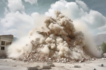 pile of rubble with dust cloud after collapse, created with generative ai